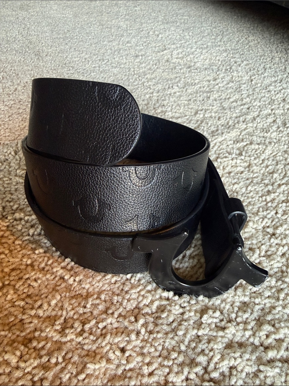 True Religion Brand Men's Black Leather Belt Bag Strap with Signature Embossing